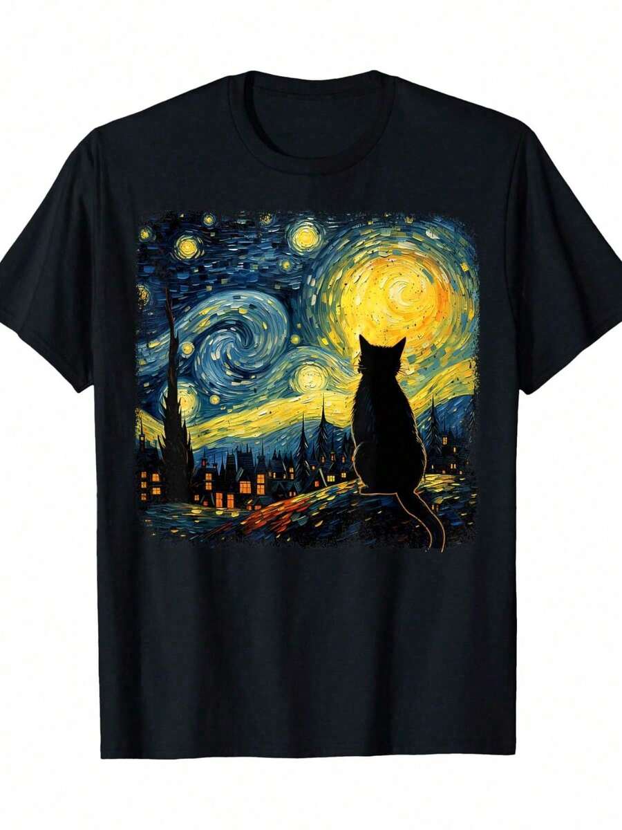 Camiseta de gato Noche estrellada de Van Gogh para amantes de los gatos, mamá gato, papá gato, ropa de pareja 2025, camiseta familiar - Negro - Ver 1