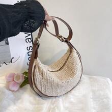 Bolso de mujer estilo Dumpling, diseño de PU + tejido, bolso bandolera, unicolor, bolso de uso diario de mujer con correa ajustable
