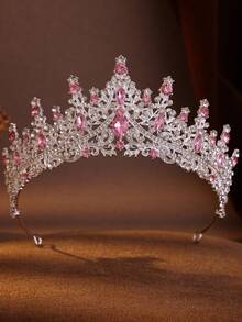 4pcs Elegant Baroque Crystal Crown Necklace And Earrings Set, Suitable For Weddings And Events - 淺粉色 - 查看 3