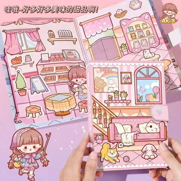 Casa de muñecas de papel DIY, pegatinas de vestir para la vida diaria de niñas de dibujos animados lindos, libro tranquilo de manualidades hechas a mano, libro apretable para aliviar la presión, material para scrapbooking, sin necesidad de cortar