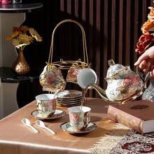 Juego de té de porcelana de 20 piezas con soporte de metal y cuchara, juego de té de cerámica para adultos, tetera con pintura de flores europea, taza, platillo y cuchara para mujeres - Estilo delicado - Ver 5
