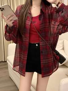 2025夏季新款格子衬衫女休闲宽松上衣上衣 - 紅色 - 查看 2