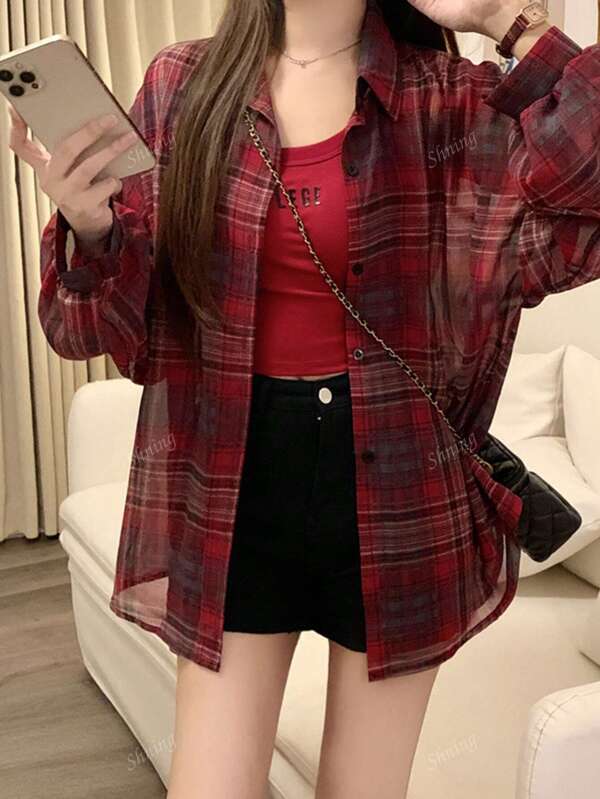 2025夏季新款格子衬衫女休闲宽松上衣上衣