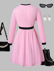 Girls Ribbed Knit Long Sleeve Dress, Elegant & Charming For Spring/Autumn - Pink - View 2