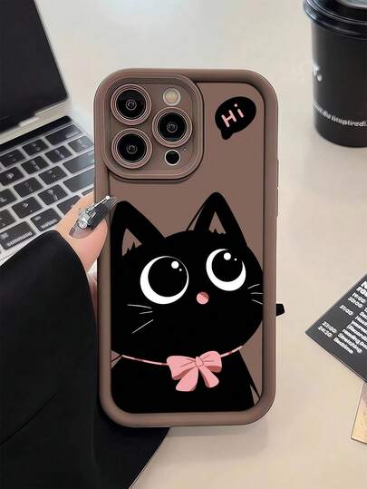 1 Stück großäugige schwarze Katze süßes Muster Anti-Sturz Handyhülle, kompatibel mit iPhone 16, 15, 14, 13, 12, 11 Pro Max und Serien, wasserdicht, stoßfest, kratzfest