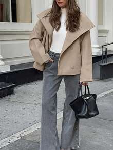 1pc Solid Color Thick Wool Blend Pocket Double Breasted Zipper Women Coat, Casual Autumn/Winter