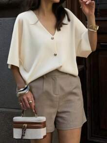 DEEKA欧美风女装夏季毕业百搭简约横针织短袖V领运动针织上衣 - 杏色 - 查看 4