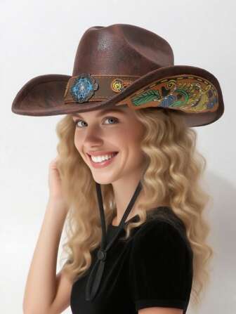 1pc Women's Fashionable Hat, New Leather Belt Brim Decoration, Marble Pattern PU Material, European And American Western Cowboy Hat, Jazz Hat, Suitable For Daily Wear, Western Theme Events, Parties, Music Festivals Etc.
