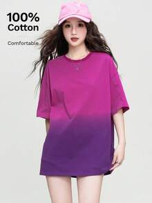 Camiseta de algodón con cuello redondo y estampado de degradado lavado para mujeres