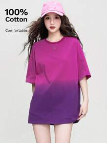 Washed Gradient Print Round Neck Cotton T-Shirt For Women