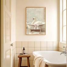 1pc Unframed Cute Pink Bow Swan In Tub Funny Wall Art Poster Canvas Print Maximalist Bathroom Dopamine Decor Painting For Toilet,Living Room,Bedroom,Modern Home Decoration