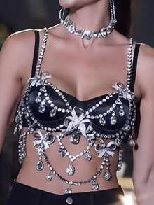 跨境蝴蝶结胸链女镂空流苏水钻身体链高端手感舞会时尚配饰欧美1PC优雅灵动蝴蝶水钻流苏连衣裙女式性感身体链饰品派对夜店舞台配饰 - 蝴蝶型 - 查看 2