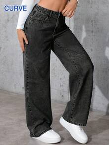 万圣节大码牛仔裤，秋冬女装简约休闲宽松直筒水洗牛仔裤 - 黑色 - 查看 5