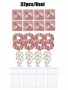 32/16/4pcs Rose Flower Mirrors, Gold Rose Flower Pattern Mirrors, Rose Gold Double-Sided Makeup Mirror, Satin Pink Scrunchie With Organza Bag, Floral Print Thank You Cards, Wedding Favor Sets, Bridesmaids & Groomsmen Gifts, Suitable For Wedding Party Gifts, Wedding Supplies, Portable Double-Sided Makeup Mirror
