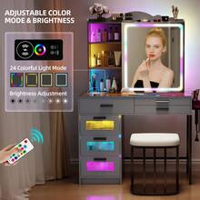 HNEBC Vanity Desk, Makeup Vanity With Lights And Sliding Vanity Mirror, Makeup Desk With Charging Station, Vanities Dressing Table With Stool,Vanity Set With Large Drawers&Shelves For Bedroom - 灰色 - 查看 7