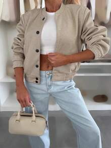 Áo khoác cardigan nữ thời trang thu đông phổ biến, vải nhung kẻ màu trơn, cài nút thường ngày - Màu be - Xem 3