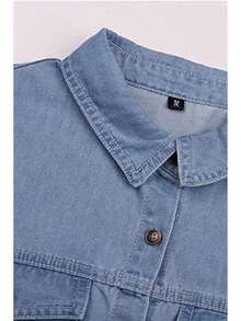 Women's Plus Size Denim Dress Short Sleeve Turn Down Collar Button Front Loose Swing Jean Dress - 淺藍色 - 查看 5