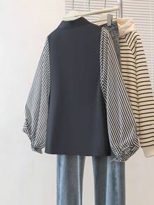 YUXIN 2025春夏韩版条纹拼接衬衫，灯笼袖雪纺拼接，宽松版型，休闲日常女式上衣 - 黑色 - 查看 11