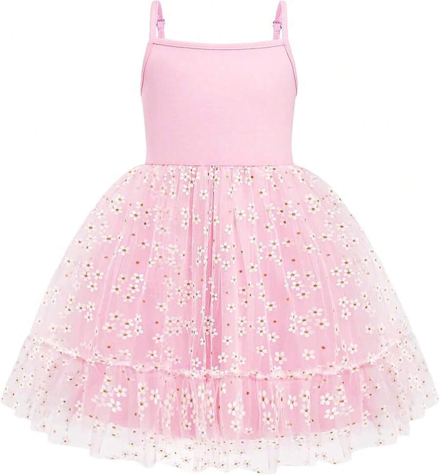 2025Toddler Girls Tulle Dress Rainbow Tutu Birthday Princess Dresses Formal Photo Shoot Outfit Summer Clothes 2-6T'Sprout Style' - 粉紅色 - 雛菊薄紗 - 查看 1