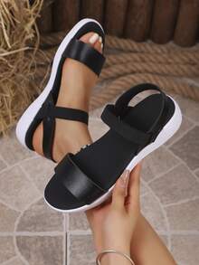 New Women's Thick Sole Platform Wedge Slip-On Sandals, Casual Black Elastic Band, For Travel & Home - Black - View 1