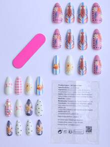 Hộp quà tặng 24 móng tay giả hình quả hạnh nhân, nghệ thuật làm móng bãi biển mùa hè, kiểu dáng vỏ sò, sao biển ba chiều, tôm hùm hoạt hình, cá chép, nhím biển, chấm bi xanh hồng, hạt cườm nhiều màu sắc, thích hợp cho kỳ nghỉ, quà tặng, đồ dùng thiết yếu cho chuyến đi biển, móng tay giả kèm keo thạch, 1 miếng dán, 1 miếng dụng cụ làm móng, móng tay - Nhiều màu - Xem 3