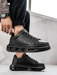 Men's Classic Solid Black Leather Patchwork Design Skateboard Shoes, Casual College Style Everyday Sneakers, Unisex Versatile Sports Shoes For All Seasons - màu đen - Xem 8