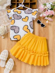 Set di 2 pezzi composto da maglietta con stampa leopardata a cuore + gonna plissettata con volant, stile principessa, adatto per occasioni estive come raduni familiari, fotografia e uscite, leggero e alla moda con un aspetto adorabile, primavera/estate