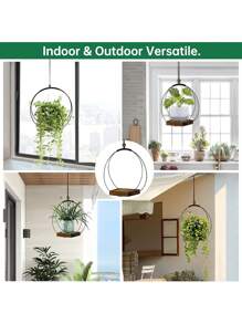 Indoor Plant Hanging Planter, Black Plant Hanger With Sturdy Wooden Base, Modern Boho Plant Holder For Wall, Ceiling, Window, Home Decor (Plants/Pots Not Included)