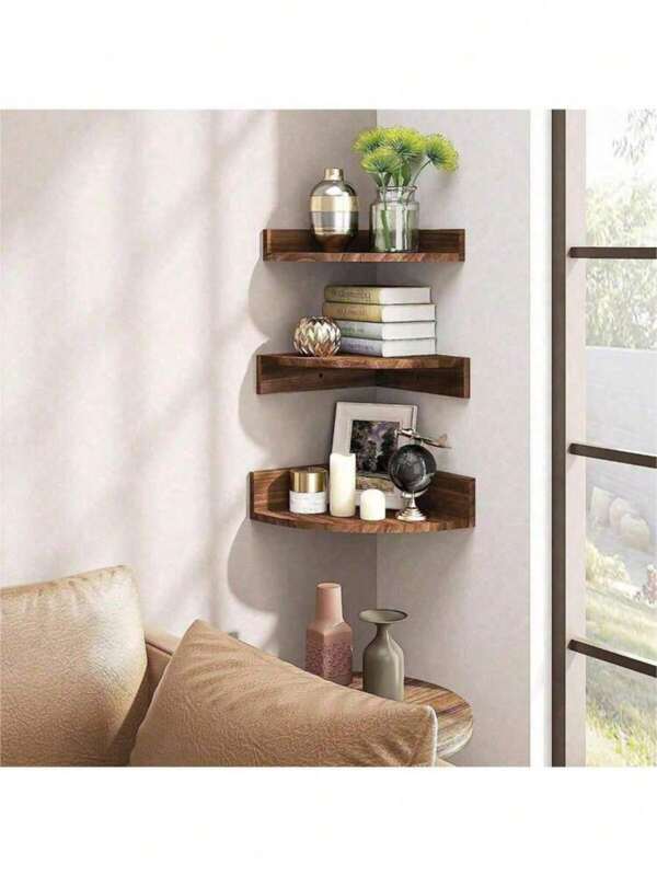 1/3-Piece Floating Corner Shelves, Rustic Wood Rack, Suitable For TV, Speaker, Cable Box In Bedroom, Kitchen, Living Room, Also For Small Plants & Photos Display