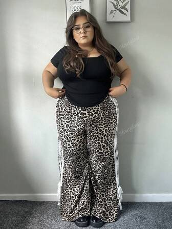 Hourglow Pantalones casuales de talla grande con estampado de leopardo y parches, cómodos para usar a diario, otoño/invierno