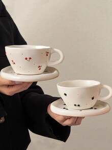 1 Set Of 350ml Hand-Painted Cherry Ceramic Mug And Saucer, Saudi Coffee Cup (1 Cup And 1 Saucer), Exquisite Retro High-Temperature Resistant Ceramic Cup, Unique Fruit Pattern Element, Microwave And Dishwasher , Suitable For Holding Water, Milk, Oatmeal, Tea, Juice, Breakfast, Coffee, Beverages And Other Hot/Cold Drinks - Multicolor - View 13