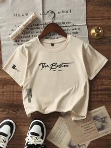 Boys & Teenage Students Casual Printed Crew Neck Short Sleeve T-Shirt, Summer Tops - Apricot - View 2