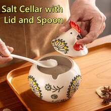 Ceramic Salt Cellar With Lid And Spoon, 13 OZ Large Chicken Salt Jar, Salt Holder For Counter, Coffee, Sugar, Spices And Candies, Salt Containers For Countertop - 藍色 - 查看 11