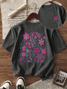 夏季休闲印花圆领套头短袖T恤，适合青春期女孩 - 紫色花朵图案，为渴望脱颖而出的旅行爱好者提供独特的T恤！童装 女童图案T恤 夏季上衣 青春期女孩服装