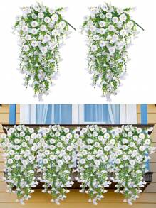 1/2/4 piezas Plantas artificiales colgantes de eucalipto y gloria de la mañana de seda, resistentes a los rayos UV, plantas verdes para decoración de aniversario, graduación, ceremonia de boda, fiesta familiar, oficina, porche, jardín, patio y pared en primavera/verano