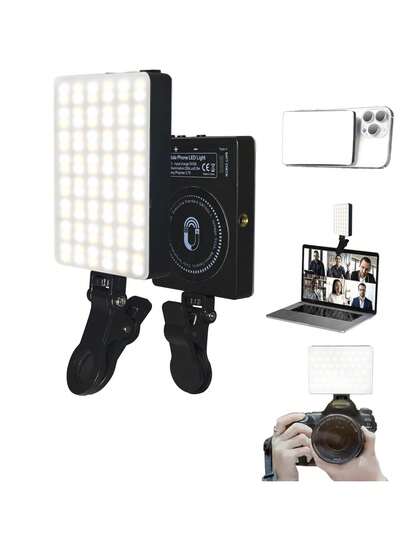 1个磁吸式手机自拍补光灯，夹式LED补光灯，3种颜色模式和亮度可调，USB可充电电池 - 便携式自拍补光灯，适用于磁吸式手机视频通话（黑/白），Vlog照明 | 小巧光滑表面