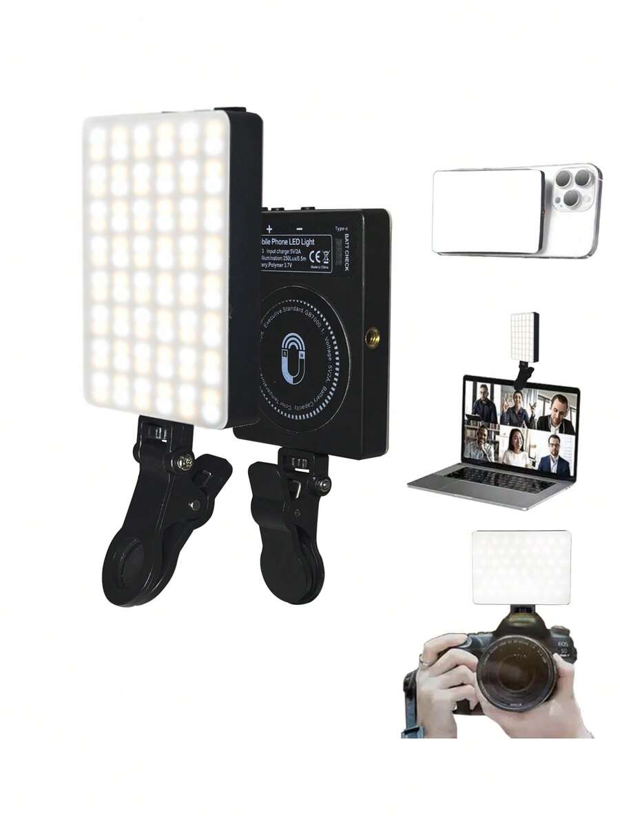 1pc Magnetic Phone Selfie Light, Clip-On LED Fill Light, 3 Color Modes & Brightness Adjustable, USB Rechargeable Battery - Portable Selfie Light For Magnetic Phone Video Calls (Black/White), Vlogging Lighting | Compact & Smooth Surface - Magnetic - View 1