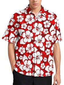 Mens Hawaiian Shirts Casual Button Down Short Sleeve Beach Clothes For Menhalloween - Hoa dâm bụt đỏ - Xem 1
