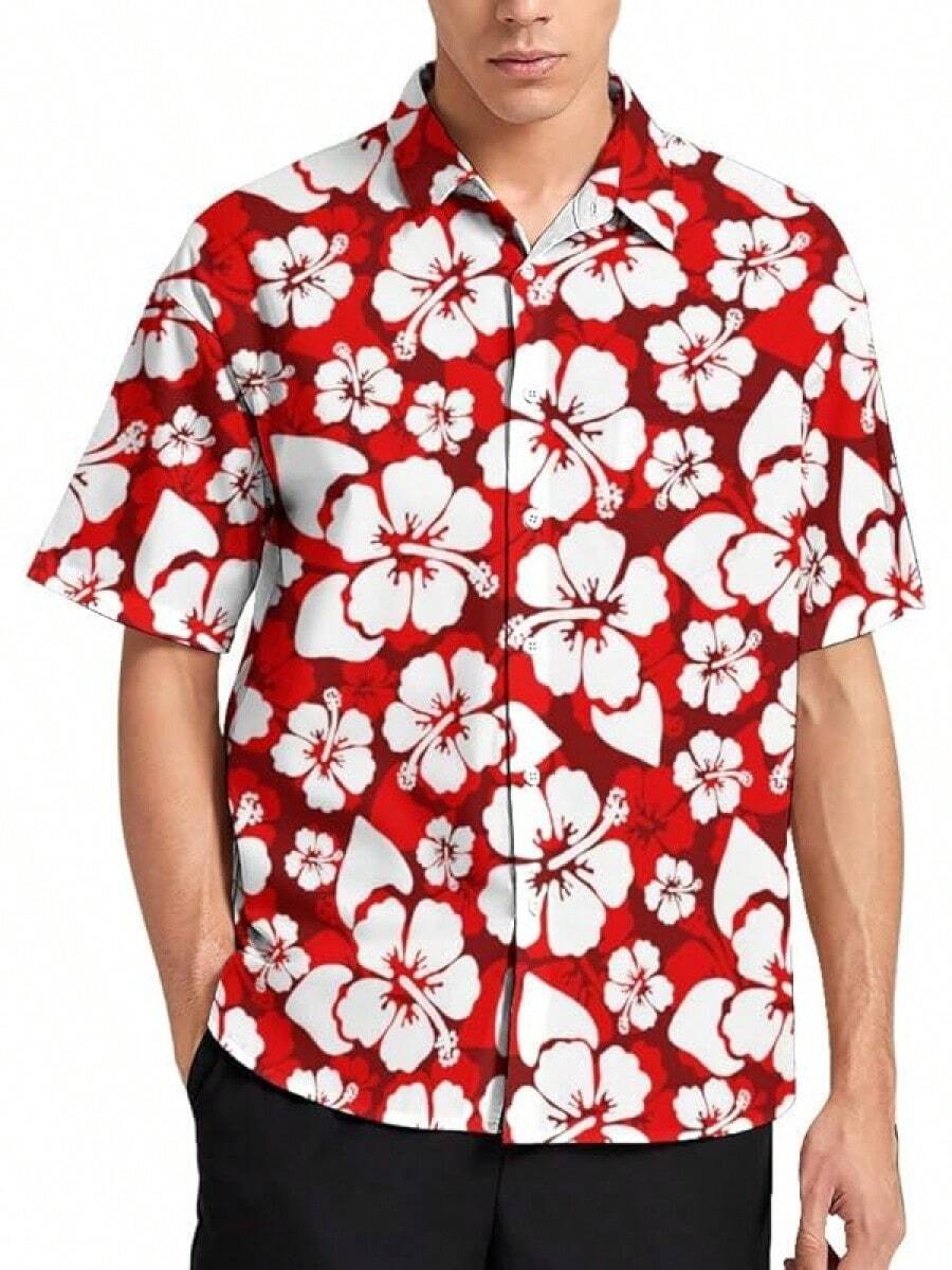Mens Hawaiian Shirts Casual Button Down Short Sleeve Beach Clothes For Menhalloween - Hoa dâm bụt đỏ - Xem 1