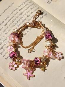 1pc Classic Cherry Blossom Charm Bracelet, 1pc Fashion Seawater Style Starfish Shell DIY Bracelet, 1pc Pink Cherry Blossom Charm Bracelet