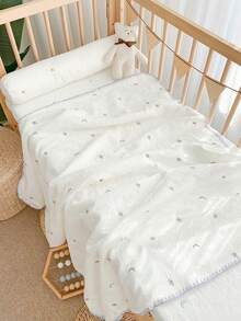 1pc White Embroidered Stars And Moon Pattern Soft, Comfortable Baby Flannel Blanket, Suitable For All Seasons, Warm Fleece Quilt For Kids, Office Air-Conditioning Shawl, Car Use - White Embroidered Stars and Moon - View 5