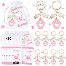 30pcs/10sets 10/20/30 Sets Baby Shower Favors With Design Key Chains With White Organza Bags And Thank You Tags Boys And Girls Baby Shower Party Favor Holiday Essentials Suitable For Shower Party Favors Birthdays And Event Decorations