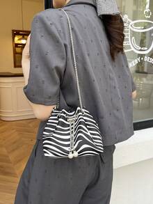 Solid Color Mini Foldable Drawstring Shoulder Bag (Leopard Or Zebra Print Pattern, Color Varies Randomly) - Black and White - View 6