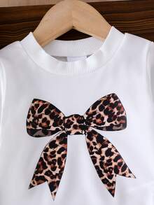 Baby Girl 2pcs Set Leopard Bow Print Long Sleeve Sweatshirt Top And Leopard Stripe 3D Bow Decor Straight Leg Pants Outfit - White - View 4