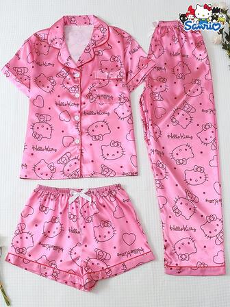 Sanrio 女士睡衣套装，Hello Kitty 领短袖纽扣口袋上衣配蝴蝶结长裤和短裤，休闲家居服，秋冬服装