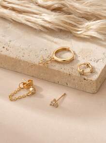 4 Stücke/Set zierliche Ohrringe mit kubischem Zirkonia in Gold, mit Stern-, Kleeblatt- und Kettendesign, Creolen/Ohrstecker für Frauen, perfekt für täglichen Chic und funkelnde Partys