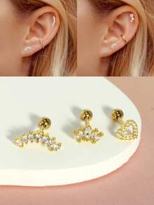 Juego de 3 pendientes cartílago de 16G con parte posterior plana, joyería de acero inoxidable para piercings en hélix, concha, daith y trágus con ópalo CZ, flor, serpiente y hoja con cierre de rosca, para mujeres - pendiente de bola - Ver 17