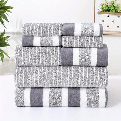 8 件套条纹毛巾套装，速干吸水浴巾，2 条浴巾，2 条手巾，4 条面巾，适用于家庭浴室、酒店和水疗中心，浴室配件，美容院淋浴毛巾，酒店运动用品，家居必备，毛巾，护肤