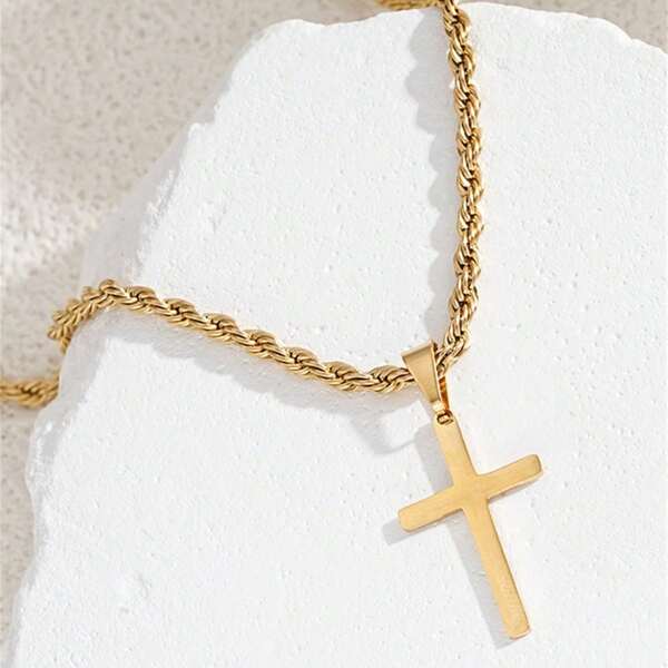 1PC Fashion Titanium Steel Cross Necklace, Smooth Gold And Silver Cross Pendant Necklace, 18k Gold-Plated Men's And Women's Fashion Item