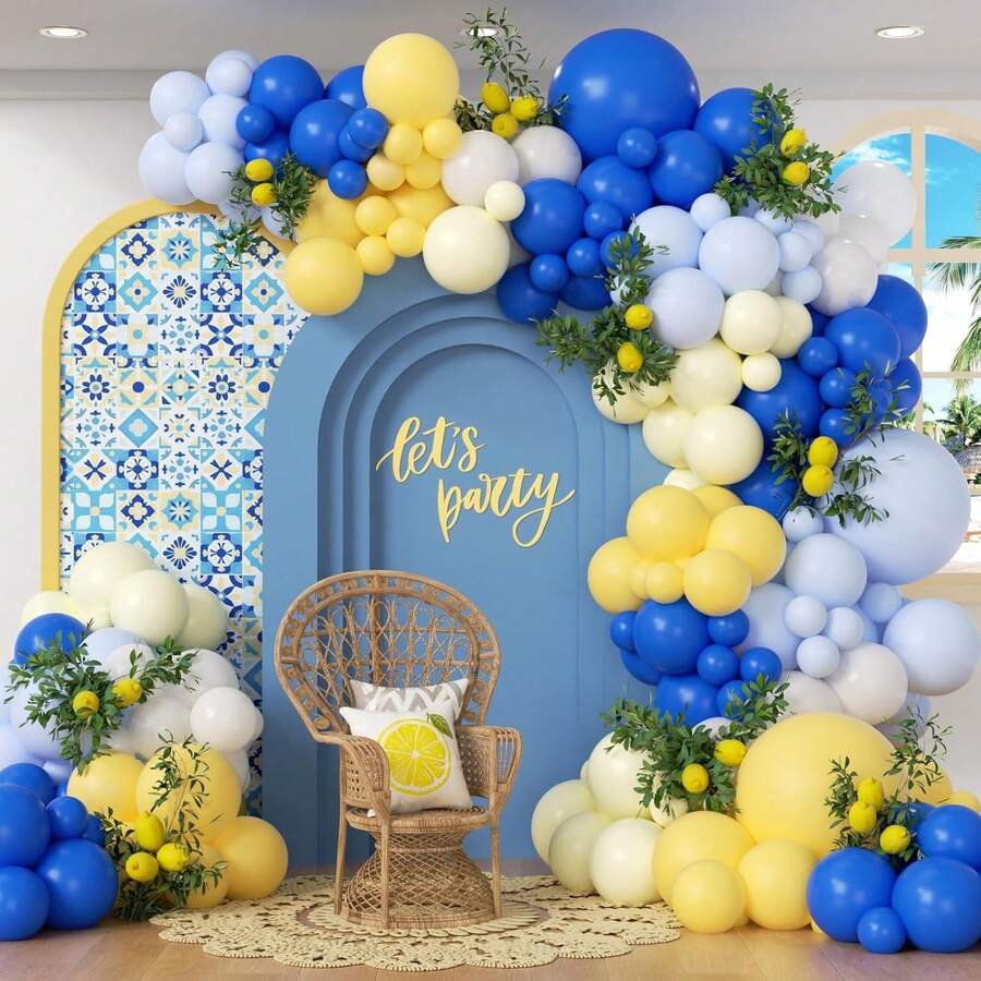 136pcs Lemon Balloon Garland Arch Set, Including Yellow, Blue And White Latex Balloons, Very Suitable For Birthday Party Decorations, Baby Showers, Bridal Parties, First Birthday Parties And Other Party Decorations. - Multicolor - View 1